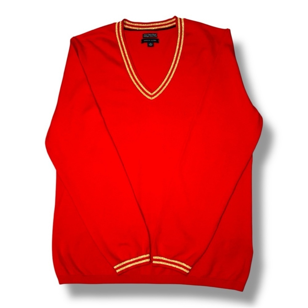 Tommy Hilfiger Red V-Neck Sweater with Gold Metallic Trim – Size XL - Picture 2 of 7